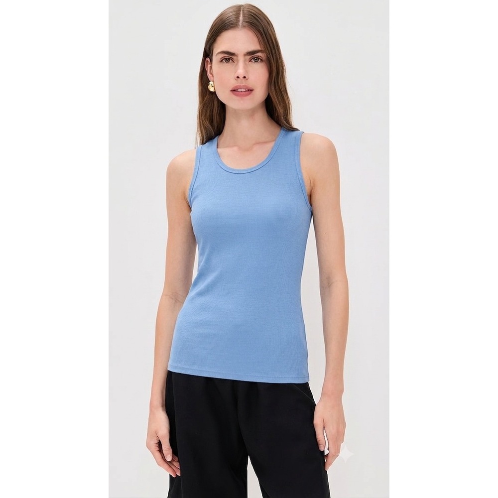 ENZA COSTA Cotton Rib Scoop Tank Top Women Medium Blue Casual Sleeveless NEW